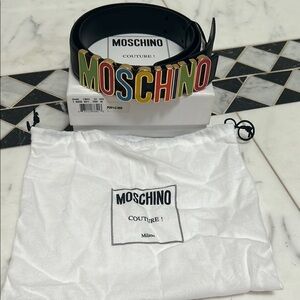Moschino Black Leather Belt with Multicolor Logo Size 40/EU 80